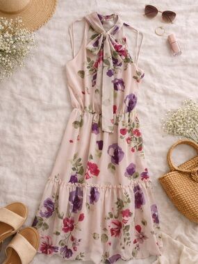 Ralph Lauren Floral Dress Size 8 Feminine Spring Event Tie Neck Reposh EUC